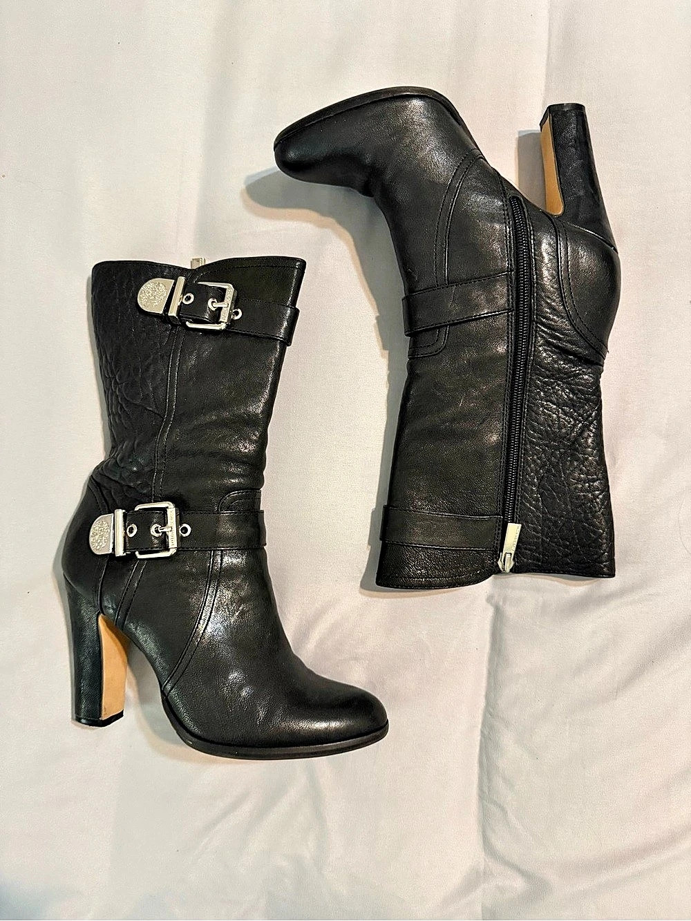 Vince Camuto Black Leather Callison Mid-Calf Double Buckle Block Heel Boots 7.5